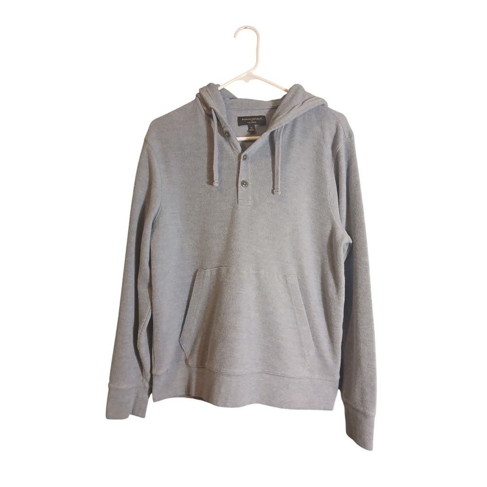 Banana Republic Mens Blue Waffle Knit Henley Eco Hoodie Pullover Medium Blue